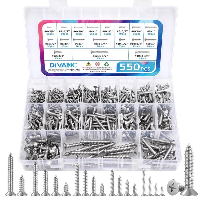 DIVANC 550Pcs 304 Stainless Steel Wood Screws Assortment Kit, Phillips Flat Head Sheet Metal Screw Self Tapping Screws Set, #4#6#8#10#12 Wood Assorted Screws, Length 1/4" to 1-1/2" (Flat Head 550PCS) - Image 1